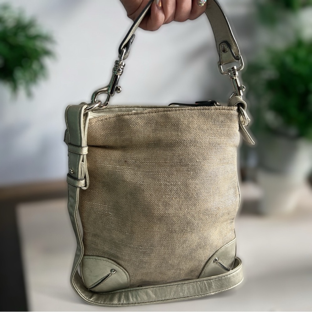Sonoma Metallic Tan Burlap Gold Vegan Leather Crossbody Hand Bag Silver Studs